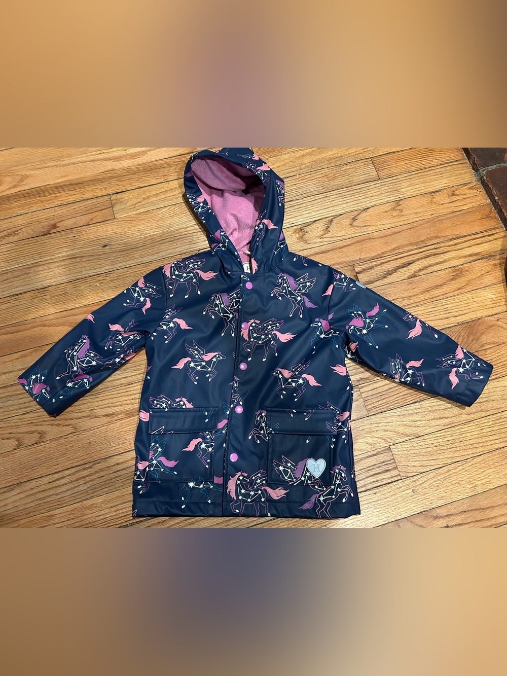 Hatley Girls' Navy Pegasus Raincoat with Pink Lining